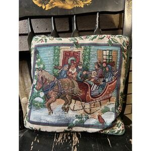 Vintage Christmas Sleigh Ride Tapestry Throw Pillow Accent Cushion Holly Berries